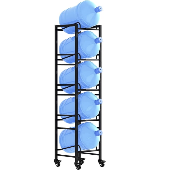 HOUSE AGAIN 5 Gallon Water Jug Holder 5 Tier, Tall Water Bottle Storage Rack with Lockable Casters, Heavy Duty Steel Organizer for Kitchen Office Garage