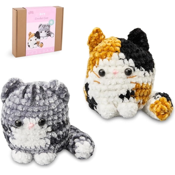 HOUSE CREATIVITY Premium Chenille Yarn Crochet Kit - Make 2 Ultra-Soft Cat Plushies | Beginner-Friendly DIY Kit with Video Tutorial, Luxuriously Soft, Great Gift for Cat Lovers