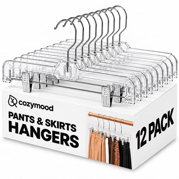 Cozymood 12 Pack Pants Hangers with Clips, 14" Space Saving Skirt Hangers, Non-Slip Heavy Duty Plastic Closet Organizers with 360° Swivel Hook
