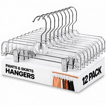 Cozymood 12 Pack Pants Hangers with Clips, 14" Space Saving Skirt Hangers, Non-Slip Heavy Duty Plastic Closet Organizers with 360° Swivel Hook
