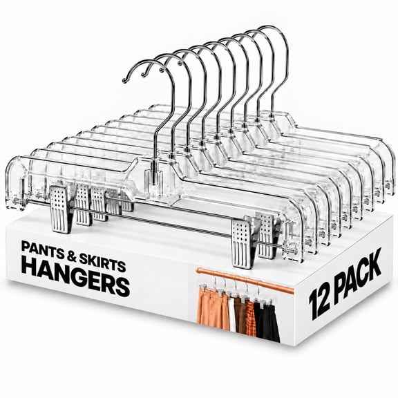 Cozymood Clear Pants Hangers with Clips, 12 Pack 14 Inch Plastic Skirt Hangers, Adjustable Non-Slip Clips Hangers for Jeans, Shorts, Trousers
