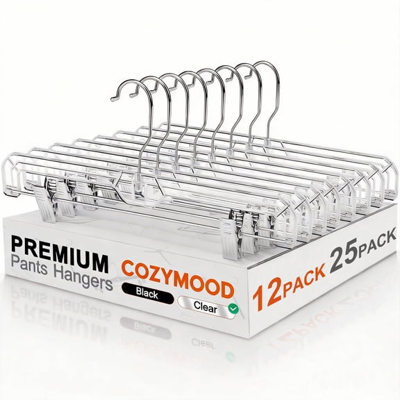 Cozymood 12 Pack Pants Hangers with Clips, 14" Space Saving Skirt Hangers, Non-Slip Heavy Duty Plastic Closet Organizers with 360° Swivel Hook