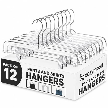 Cozymood 12 Pack Pants Hangers with Clips, 14" Space Saving Skirt Hangers, Non-Slip Heavy Duty Plastic Closet Organizers with 360° Swivel Hook