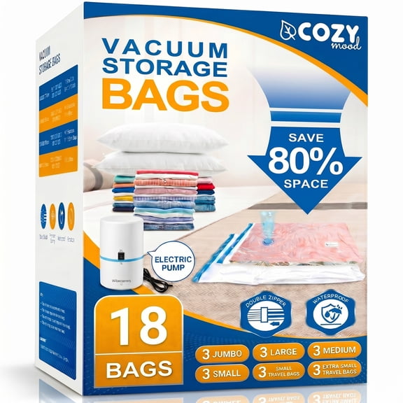 Cozymood 18 Pack Vacuum Storage Bags with Electric Pump, Space Saver Compression Bags for Bedding, Comforters & Clothes, Reusable Vacuum Sealer Bags for Home Organization & Travel