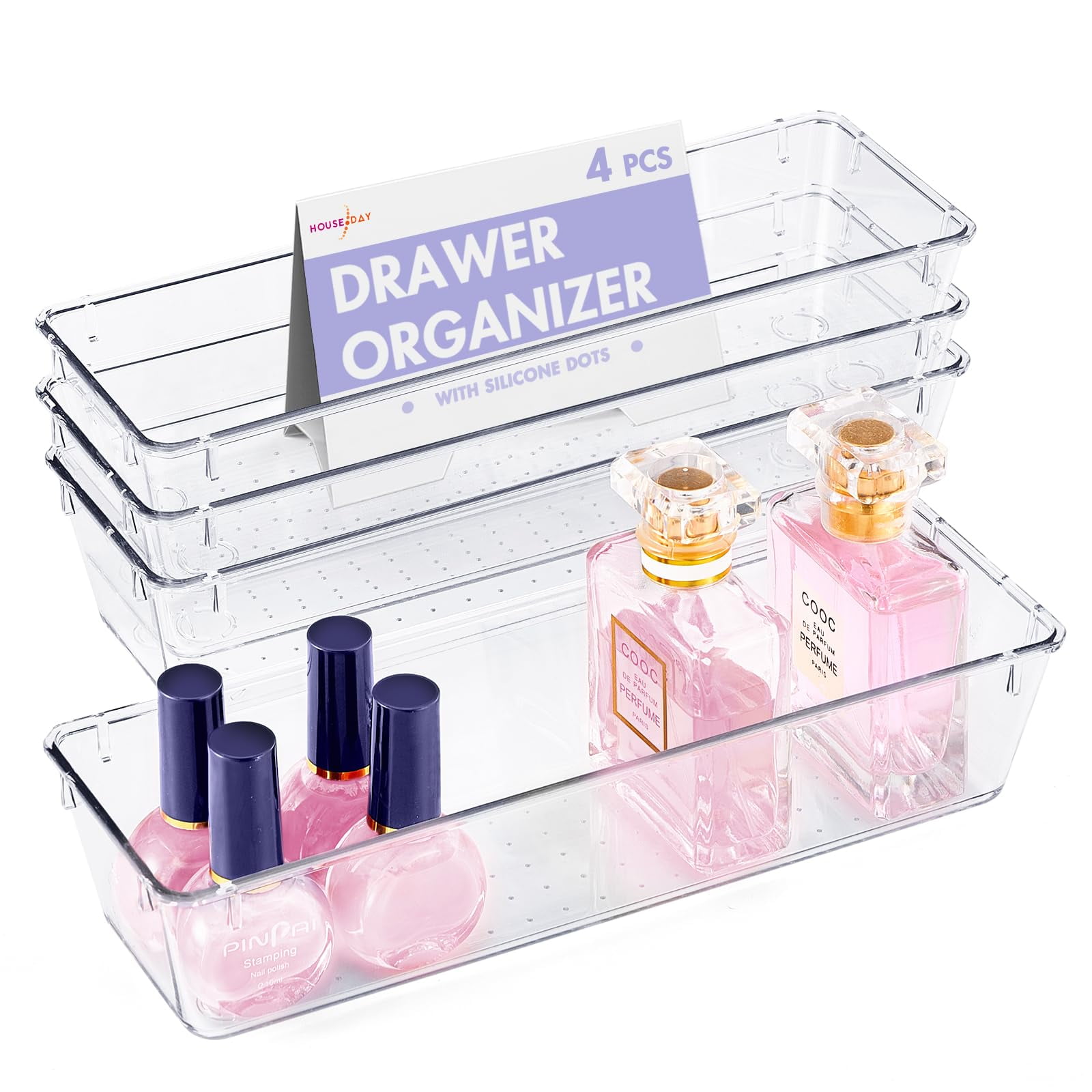 HOUSE DAY 4 PCS Desk Organizer, Clear Drawer Organizers with Silicone Pads, Slip Plastic Drawer