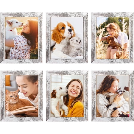 HOUSE DAY 5x7 Picture Frames Set of 6 - Distressed White Farmhouse Rustic Photo Frames, Large Wall Frame Set