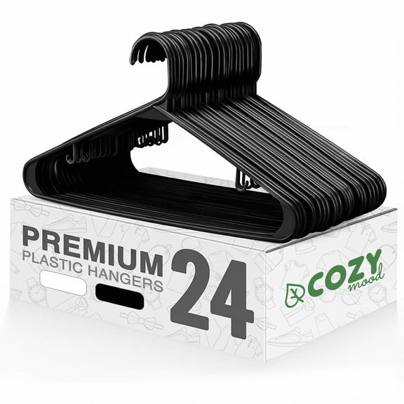 Cozymood Black Plastic Adult Hangers 16.5" 24-Pack: Light-Weight, Space-Saving, Heavy-Duty for Laundry & Everyday Use