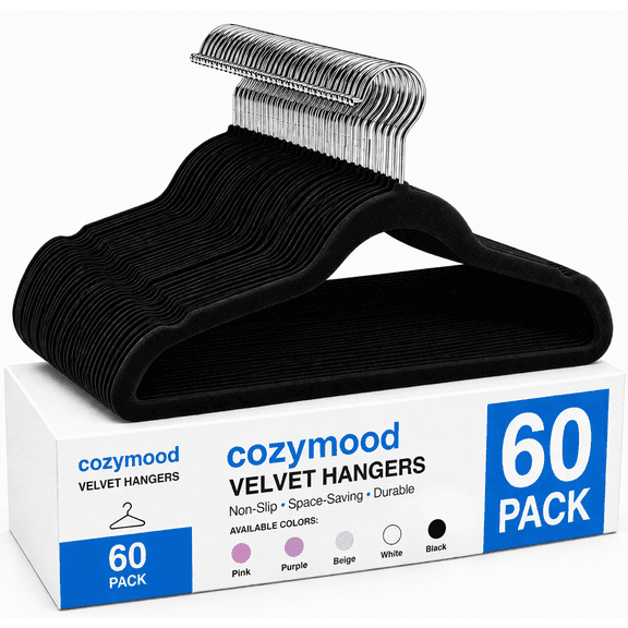 Cozymood Black Velvet Hangers 60 Pack, Premium Clothes Hangers Non-Slip Felt Hangers, Sturdy Black Hangers Heavy Duty Coat Hangers, Durable Suit Hangers for Space Saving,