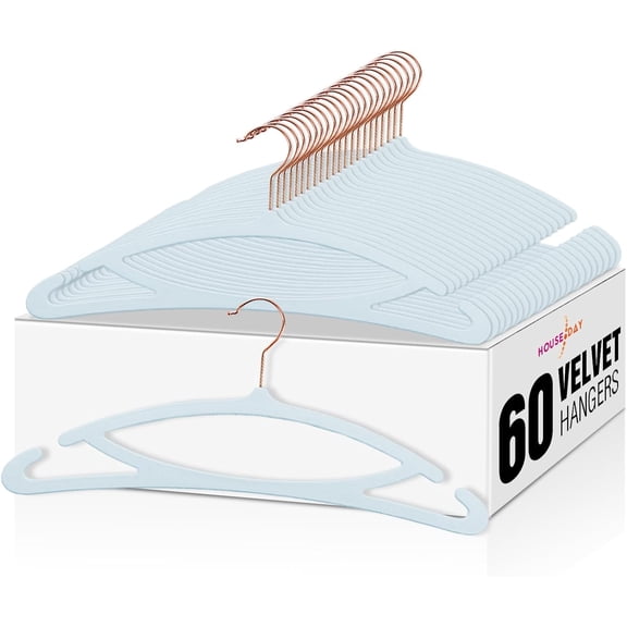 HOUSE DAY Blue Velvet Hangers 60 Pack, Luxury Felt Non-Slip Clothes Hangers