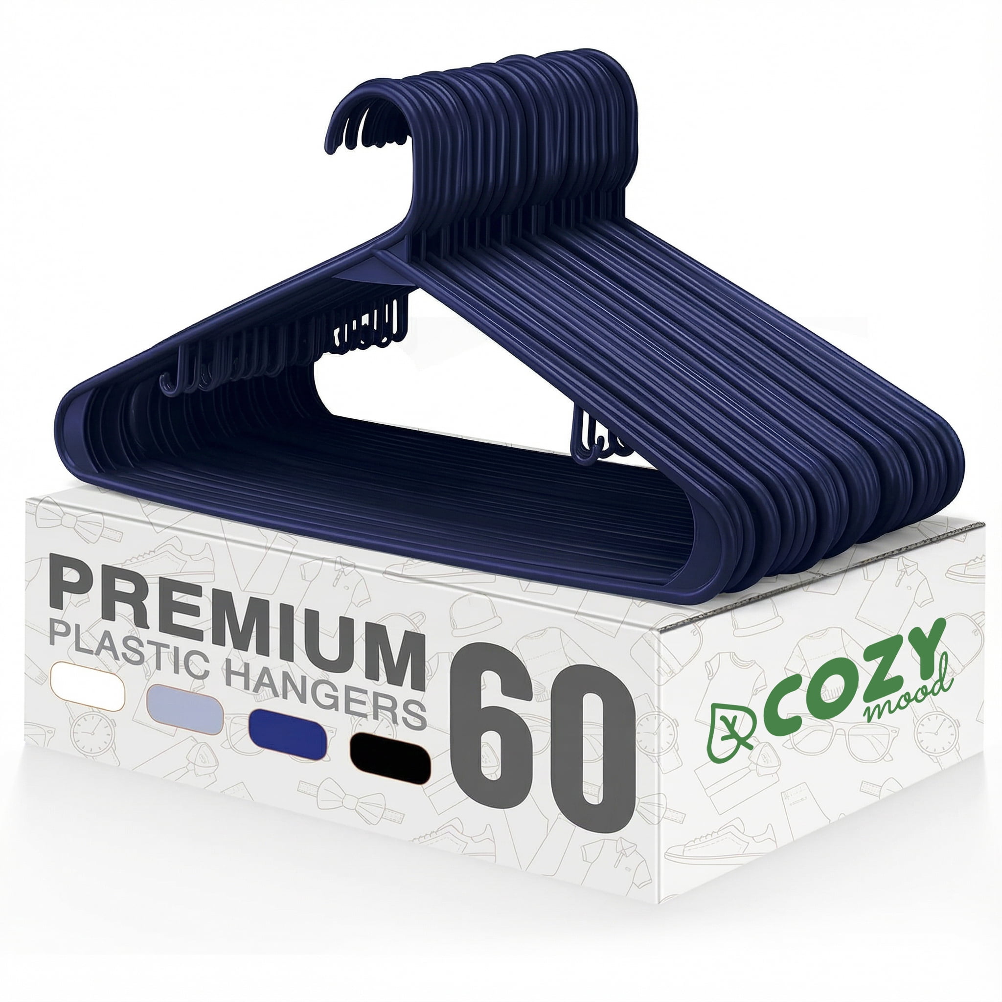 cozymood Clothes Hangers 60 Pack, Heavy Duty Plastic Hangers, Sturdy and Durable Dress Hangers Shirt Hangers, Adult Hangers with Hooks, Plastic Coat Hangers for Closet, Navy Blue Hangers Slim Hanger