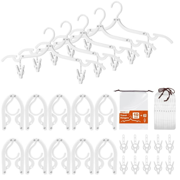 Cozymood Clothes Hangers, Foldable Travel Hangers 10 Pack with 10 Clips, Portable Collapsible Hanger, Travel Accessories Essentials Folding Hangers, White