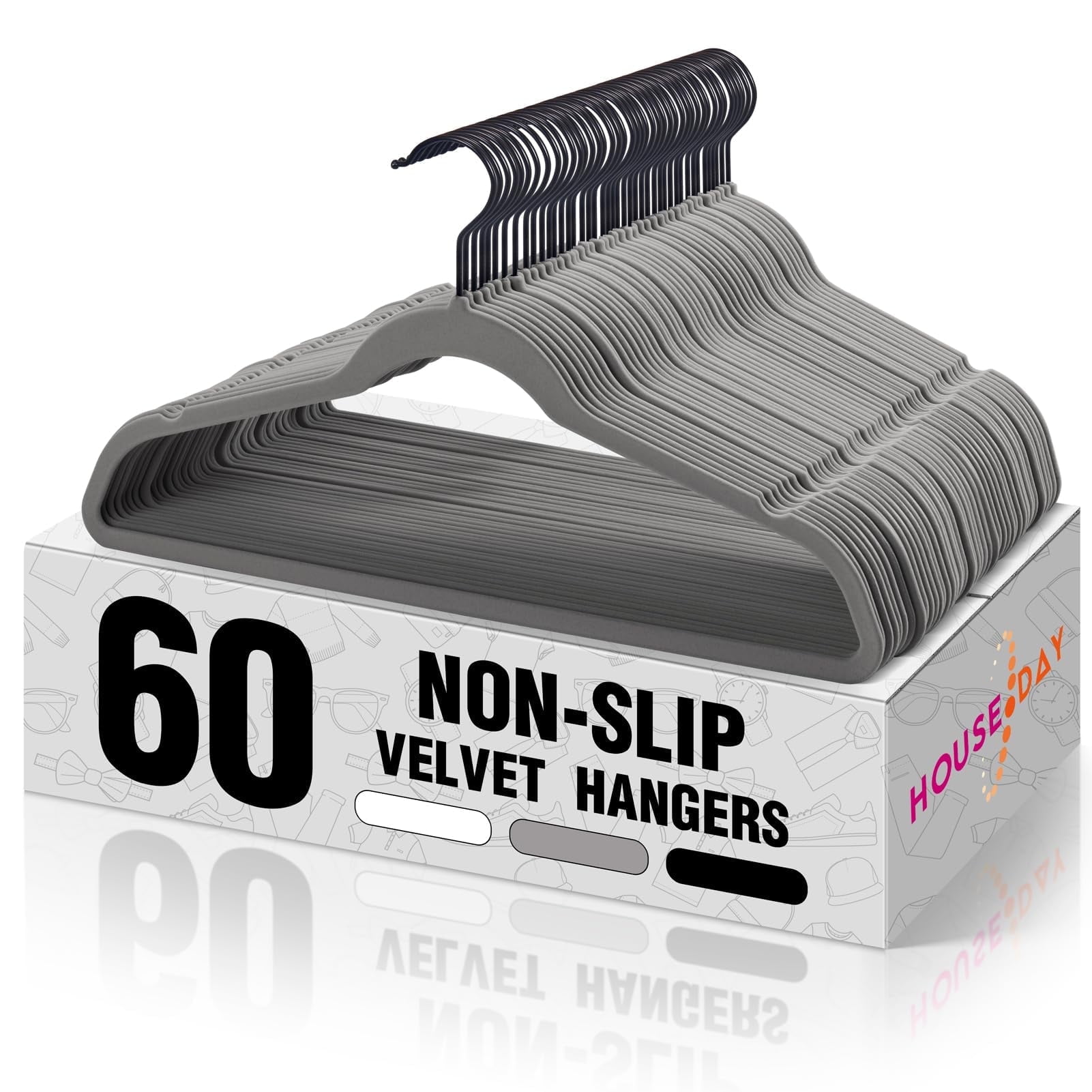 HOUSE DAY Gray Velvet Hangers 60 Pack, Velvet Clothes Hangers Non Slip Felt Hangers, Heavy Duty Coat Hangers for Closet, Ultra Slim Hangers Black Hangers Space Saving Hangers for Suits, Shirt