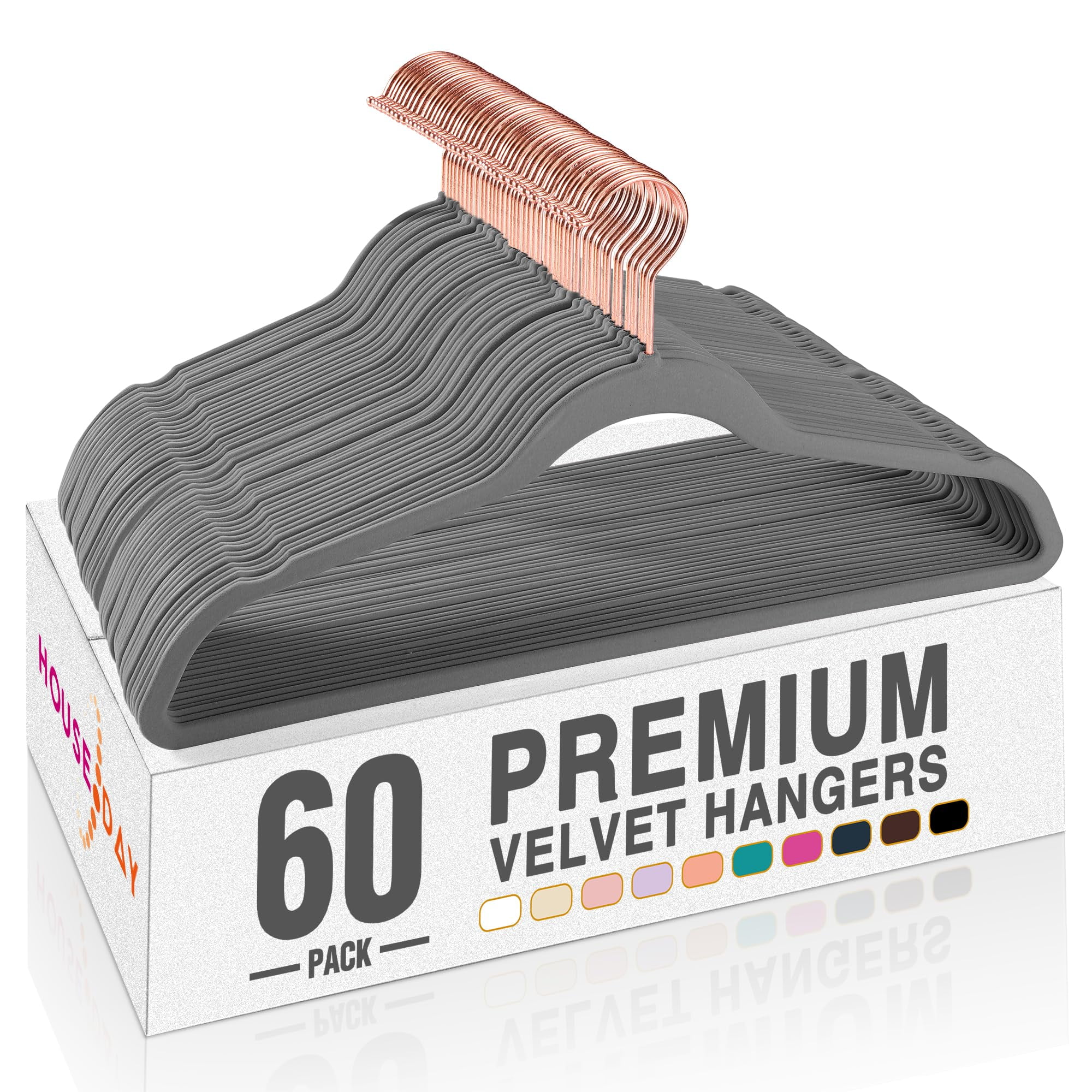 HOUSE DAY 60 Pack Velvet Hangers, Grey NonSlip, HeavyDuty, Rose Gold Hooks, SpaceSaving, No
