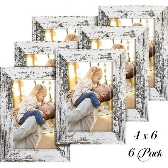 HOUSE DAY Picture Frames 4x6 Set of 6 - Distressed White Farmhouse Rustic Photo Frames, Large Wall Frame Set