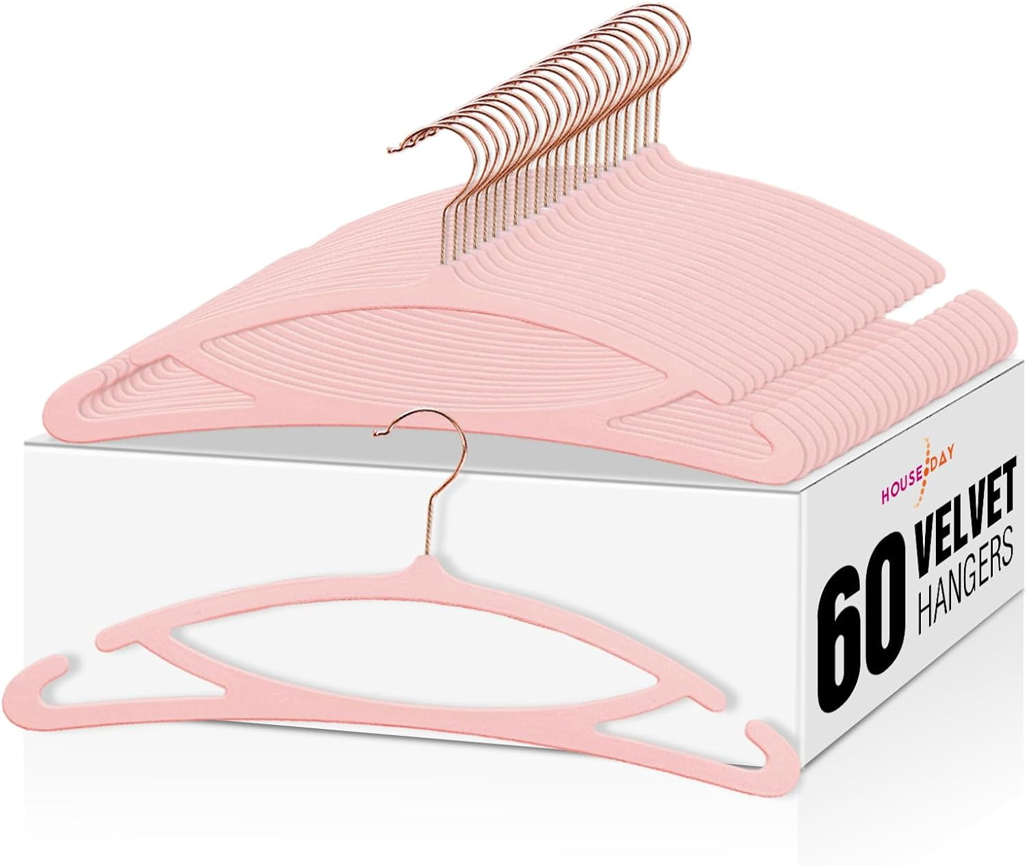 HOUSE DAY Pink Velvet Hangers 60 Pack, Luxury Felt Hangers Non Slip Clothes Hangers, No Shoulder