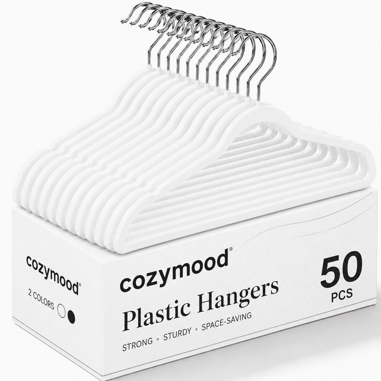 cozymood Heavy Duty Plastic Hangers 50 Pack,17.5 inch Non-Slip Clothes Hangers with 360° Swivel Hooks, Slim Space Saving Closet Hangers,White