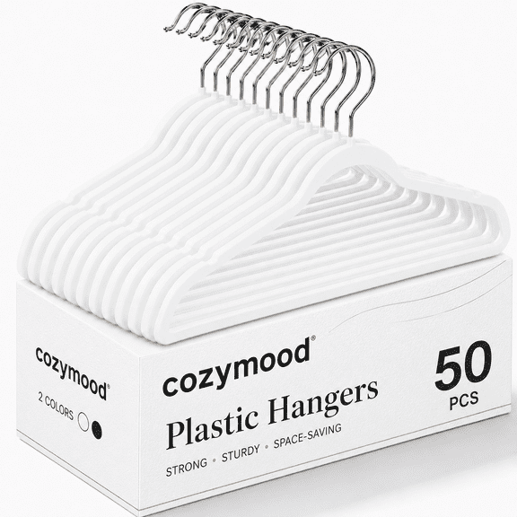 cozymood Heavy Duty Plastic Hangers 50 Pack,17.5 inch Non-Slip Clothes Hangers with 360° Swivel Hooks, Slim Space Saving Closet Hangers,White