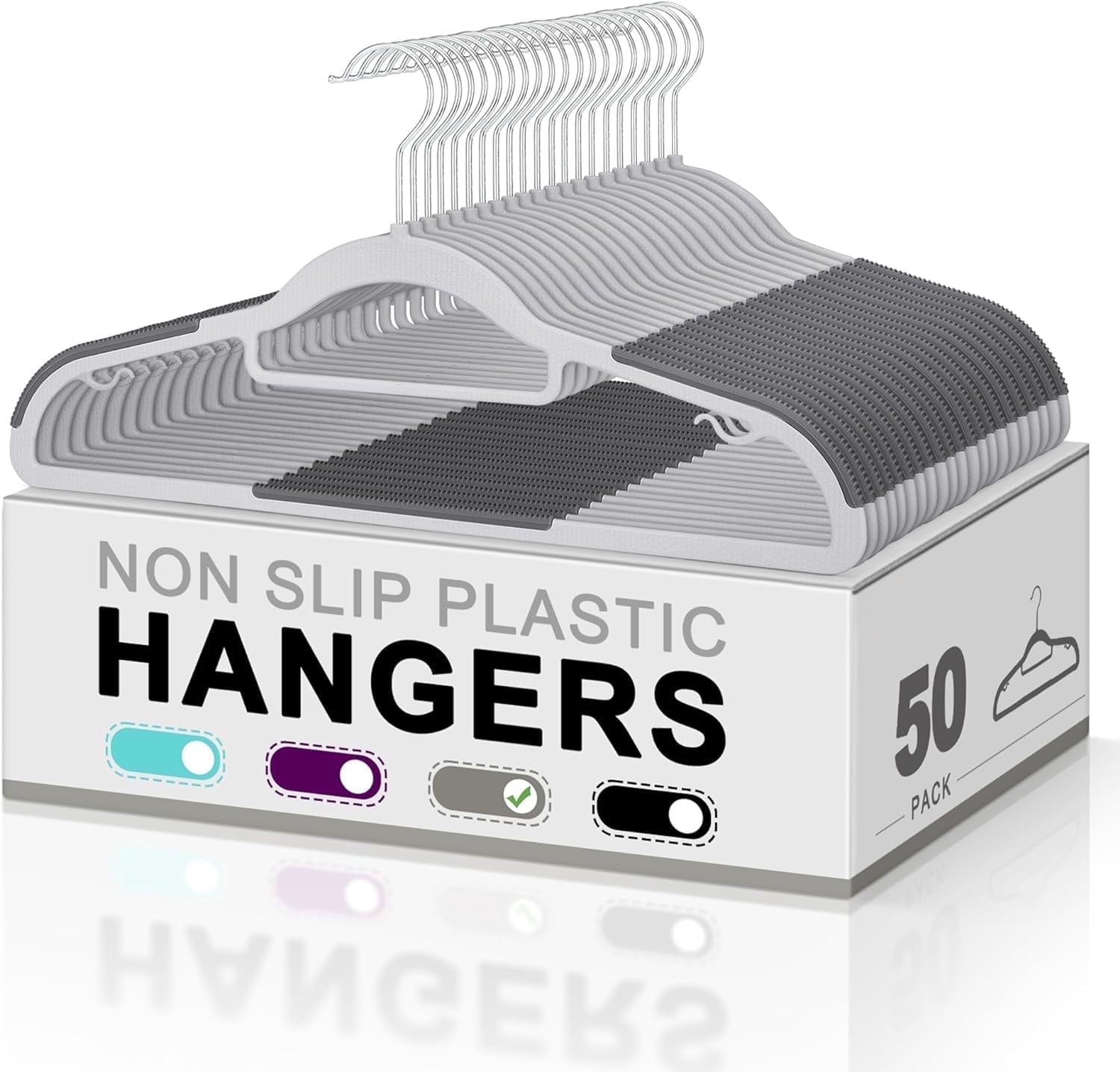 cozymood 50 Pack Coat Hangers Heavy, Duty Plastic Hangers with 360° Swivel Hook Non-Slip Design Space-Saving (Dark Gray)