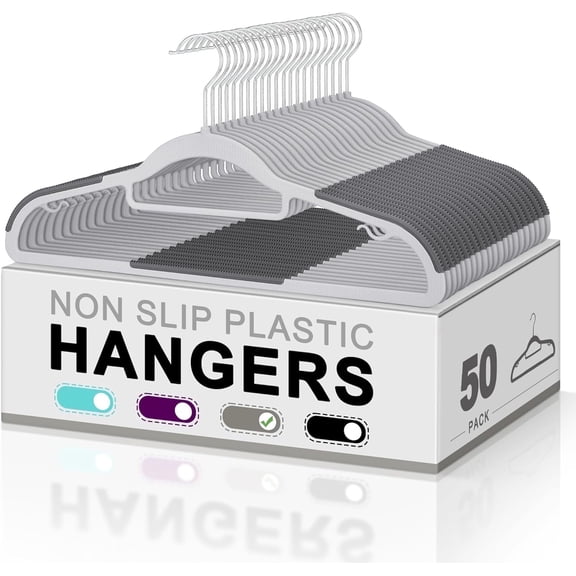 cozymood 50 Pack Coat Hangers Heavy, Duty Plastic Hangers with 360° Swivel Hook Non-Slip Design Space-Saving (Dark Gray)