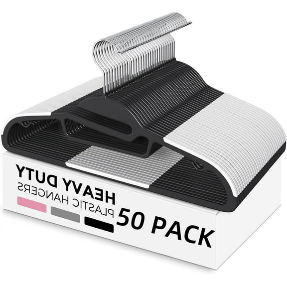 House Day Adult Plastic Non-Slip 50-Count Clothes Hangers with Rubber Pads, Black 50 Pack