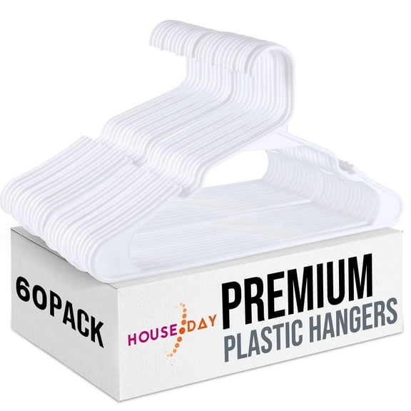 HOUSE DAY Plastic Hangers 60 Pack, Plastic Clothes Hangers Space Saving for Closet, Laundry Hangers for Adult Coat, Suit, White