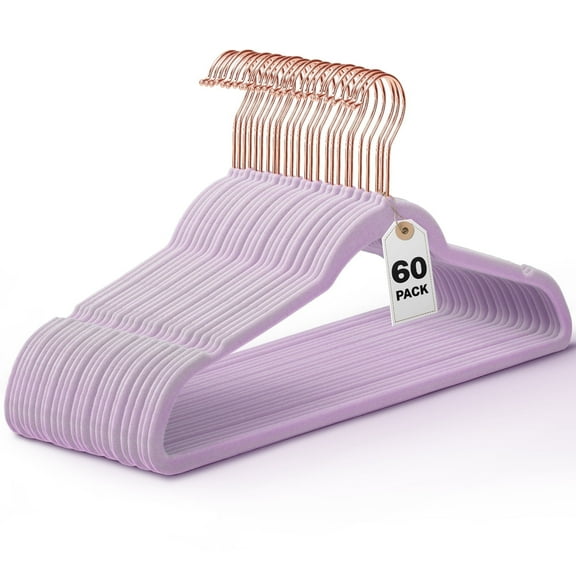 cozymood Purple Velvet Hangers 60 Pack, Premium Clothes Hangers Non-Slip Felt Hangers, Sturdy Grey Hangers Heavy Duty Coat Hangers, Space Saving Durable Suit Hangers, No Hanger Marks Rose Gold Hook