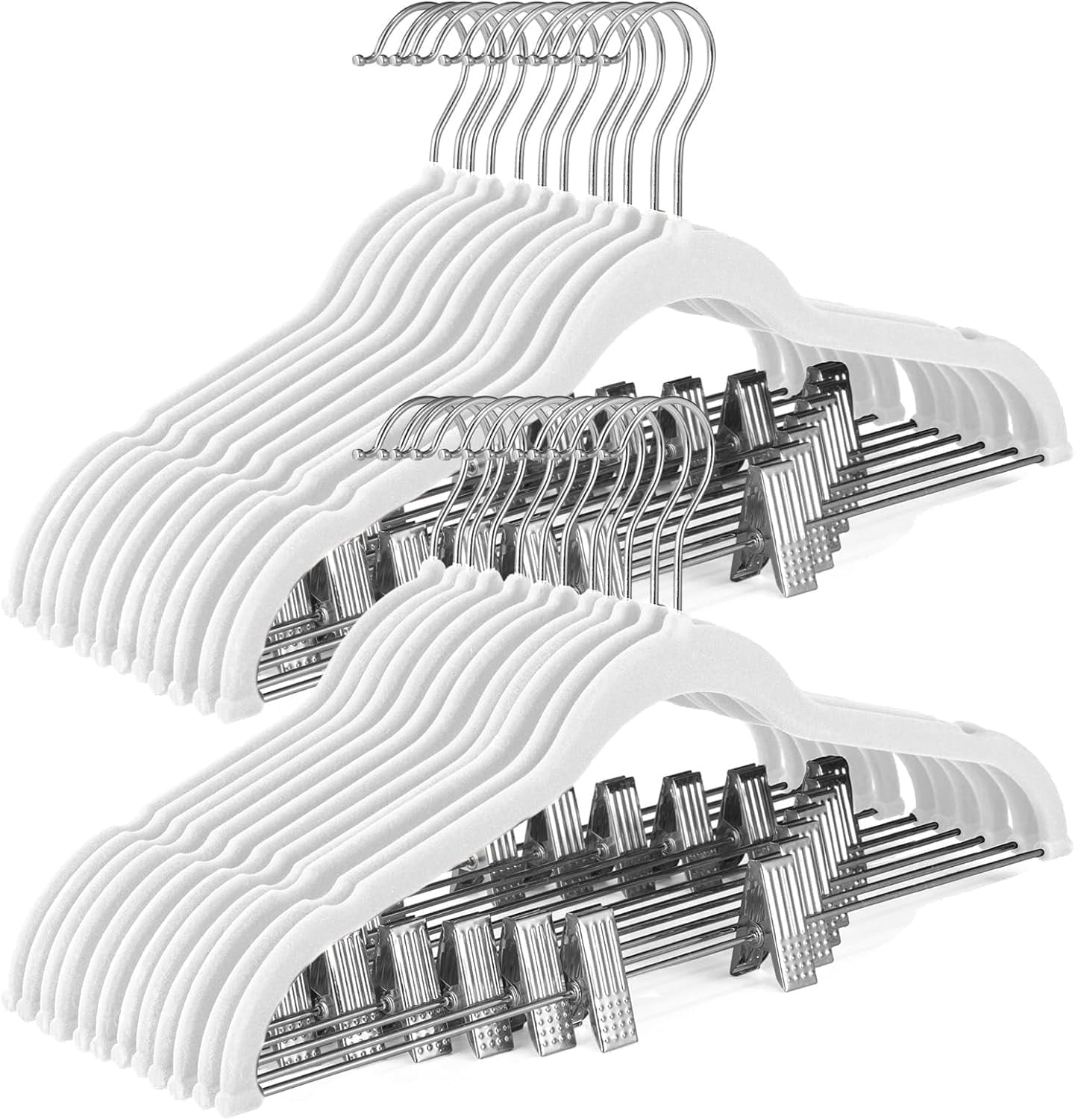cozymood Velvet Pants Hangers 24 Pack, White Velvet Hangers with Adjustable Clips, Space Saving Slim Skirt Hangers
