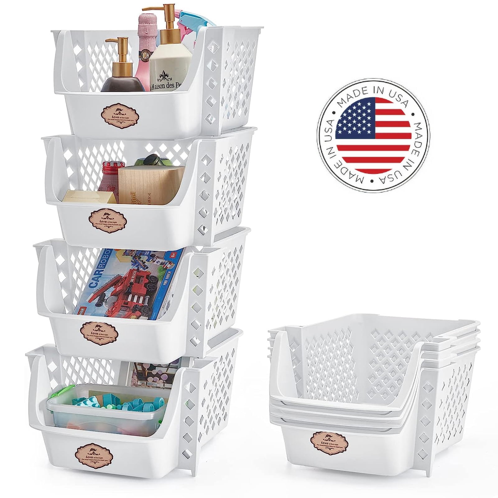 HOUSE DAY 4 Pack Plastic Storage Bins, Storage Basket, Versatile Open Plastic Bin Container, White