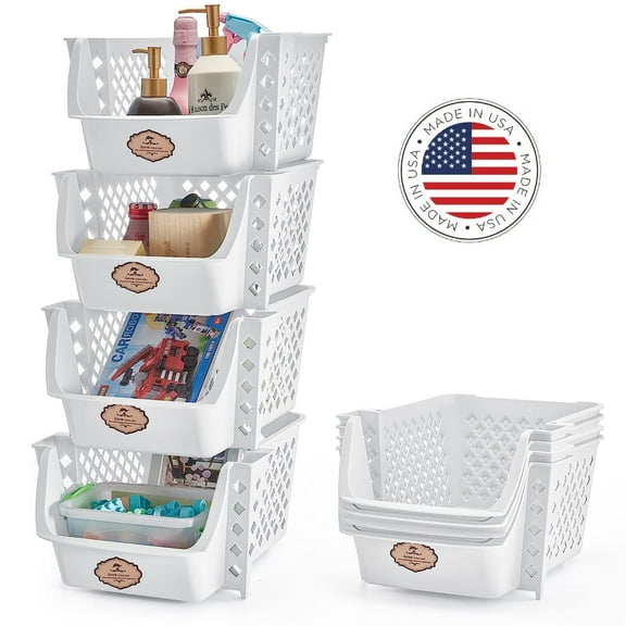 HOUSE DAY 4 Pack Plastic Storage Bins, Storage Basket, Versatile Open Plastic Bin Container, White