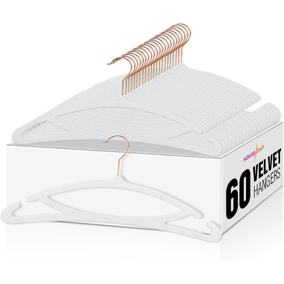 HOUSE DAY White Velvet Hangers 60 Pack, Luxury Felt Hangers Non Slip Clothes Hangers, No Shoulder Bump Focked Hanger