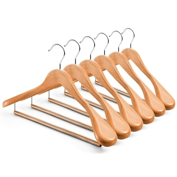 HOUSE DAY 6 pcs Wide Shoulder Wooden Hangers, Wood Suit Hangers with Non Slip Pant Holder,Natural