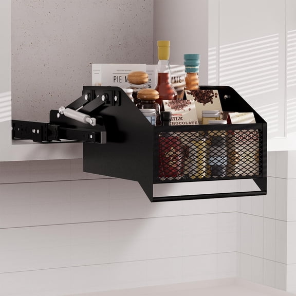 HOUSE AGAIN Pull-Down Cabinet Organizer, Upper Cabinet Drop Down Metal Spice Rack for High & Deep Cabinets, 12.6" Pull-Out Reach, Frameless Compatible, Storage Shelf for Spices, Snacks, Pantry