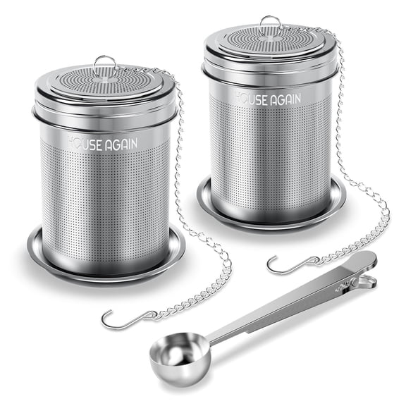 HOUSE AGAIN Tea Infuser for Loose Leaf Tea, 2 Pack Extra Fine Mesh Tea Strainers with Scoop & Drip Tray, 304 Stainless Steel Tea Steeper with Extended Chain Hook for Tea, Coffee, Herbs & Spices