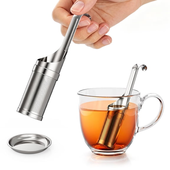 HOUSE AGAIN Tea Infuser for Loose Leaf Tea, 2-in-1 Tea Scoop with Rotating Open Design, 304 Stainless Steel Extra Fine Mesh Tea Strainer, Reusable Tea Steeper with Drip Tray for Mug, Cup & Teapot