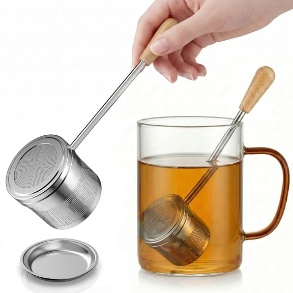 HOUSE AGAIN Tea Infuser for Loose Tea, 2-in-1 Tea Scoop Infuser with Extra Fine Mesh, 304 Stainless Steel Loose Leaf Tea Strainer with Wood Handle, Reusable Tea Steeper with Lid and Drip Tray, Size L