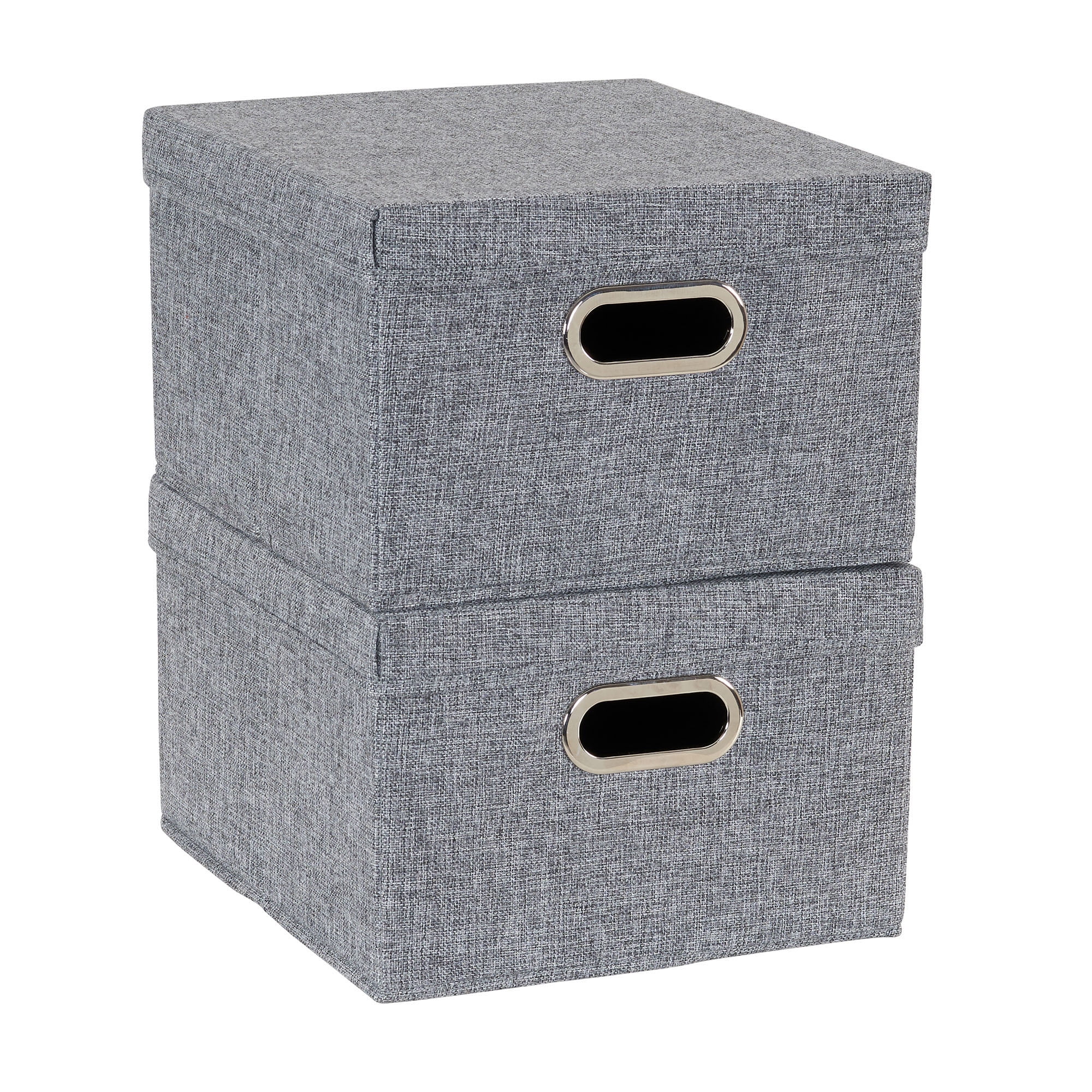 Gray Linen Collapsible Stackable Storage Boxes with Lids, 2 Piece Set
