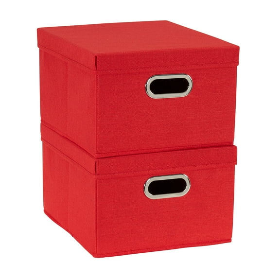 Household Essentials Storage Bins with Lids and Chromed Grommet Handles, Set of 2, Textured Linen Look, Red
