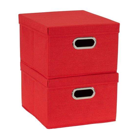 Household Essentials Storage Bins with Lids and Chromed Grommet Handles, Set of 2, Textured Linen Look, Red