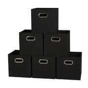Household Essentials Fabric Storage Bins 6 Piece Set, Strong Poly-Woven Fabric, Sturdy Chipboard Sides, Grommet Front Handle, Stackable and Foldable, Classic Design, Black