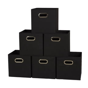 Household Essentials Fabric Storage Bins in Strong Poly‑Woven Fabric with Sturdy Chipboard Sides, and Grommet Front Handle, Black, Set of 6