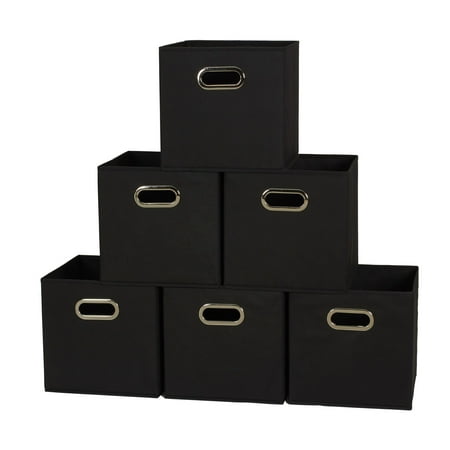Household Essentials Fabric Storage Bins 6 Piece Set, Strong Poly-Woven Fabric, Sturdy Chipboard Sides, Grommet Front Handle, Stackable and Foldable, Classic Design, Black