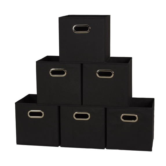 Household Essentials Fabric Storage Bins 6 Piece Set, Strong Poly-Woven Fabric, Sturdy Chipboard Sides, Grommet Front Handle, Stackable and Foldable, Classic Design, Black