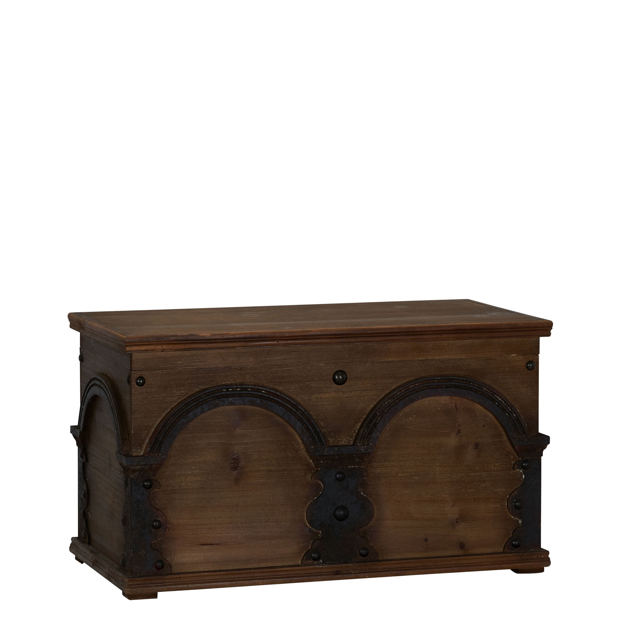 Household Essentials Large Wooden Arch Storage Trunk, Stained Wood with Decorative Arches, Flat-top, Hinged Lid, Brown