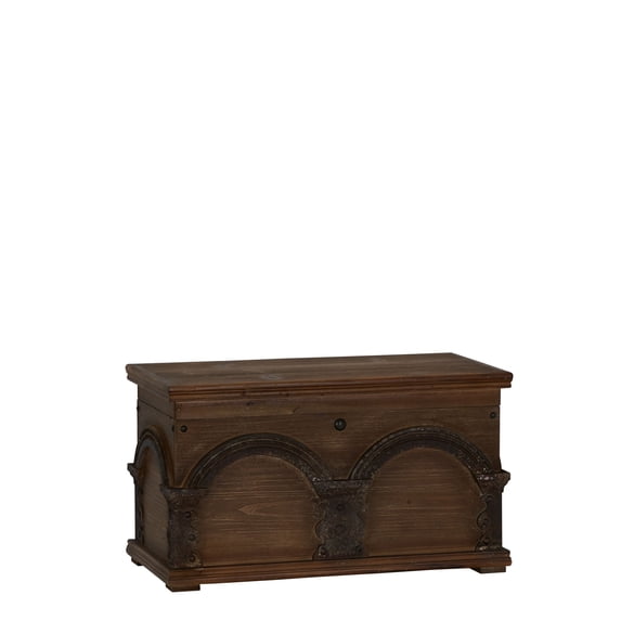 Household Essentials Small Wooden Arch Storage Trunk, Stained Wood with Decorative Arches, Flat-top, Hinged Lid, Brown