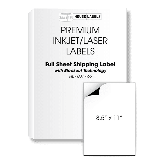 HOUSELABELS 1-up (Full Sheet) Multipurpose Labels (8-1/2" x 11") with BLACKOUT Technology (covers text behind label) For Laser and Inkjet Printers, 50 Sheets
