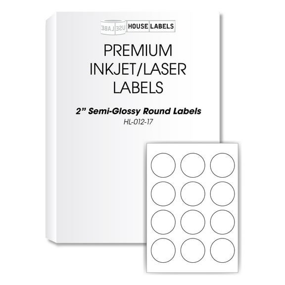 HOUSELABELS 12-up GLOSSY Round (2" Diameter) Labels for Laser and Inkjet Printers, 25 Sheets