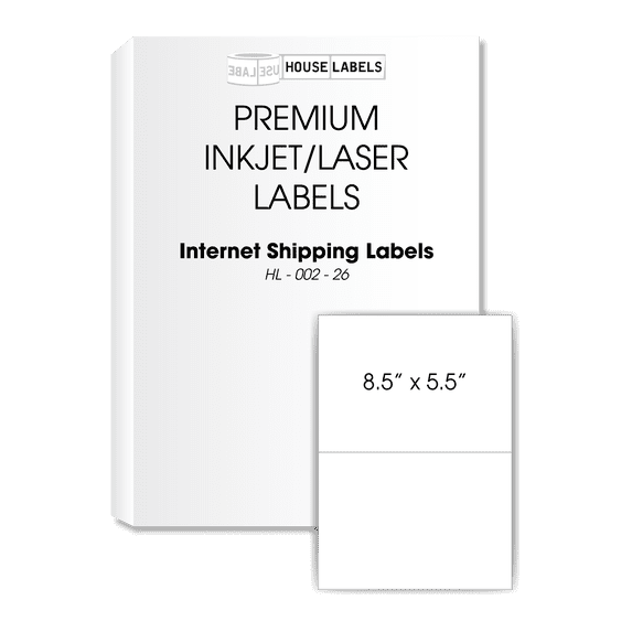 HOUSELABELS 2-up (Half Sheet) Internet Postage Labels (5-1/2" x 8-1/2") For Laser and Inkjet Printers, 100 Sheets