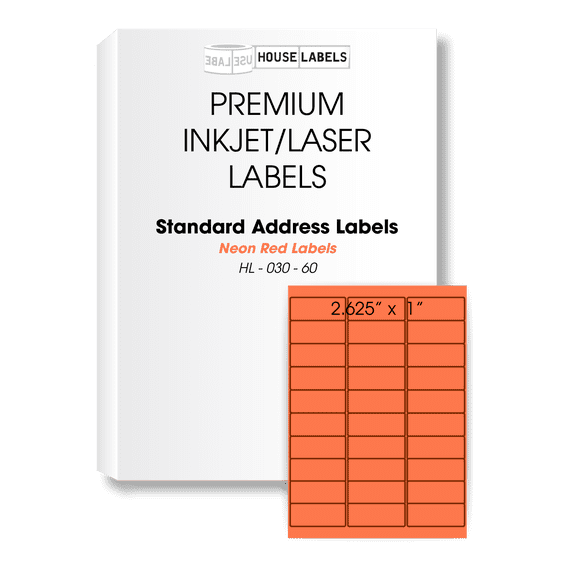 HOUSELABELS 30-up NEON FLUORESCENT RED/ORANGE Address Labels (1" x 2-5/8") For Laser and Inkjet Printers, 600 Sheets