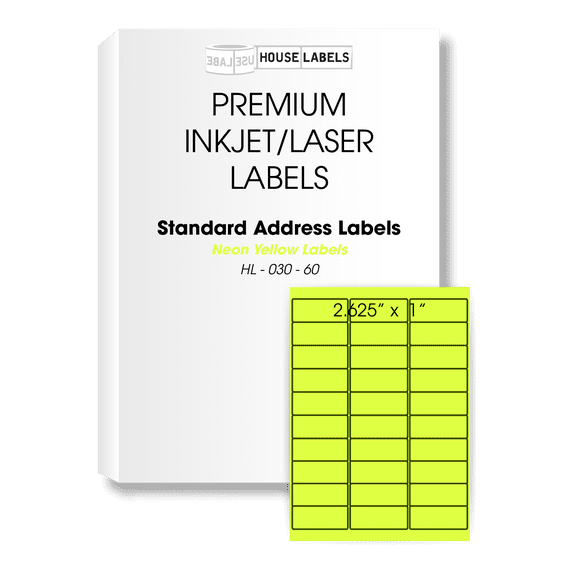 HOUSELABELS 30-up YELLOW Address Labels (1" x 2-5/8") For Laser and Inkjet Printers, 25 Sheets