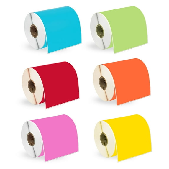 HOUSELABELS 4" x 6" Red, Green, Yellow, Blue, Orange, Pink Shipping Labels on 1" Core Compatible With Zebra and Rollo Printers, 18 Rolls / 250 Labels per Roll